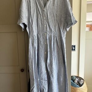 Poetry Heavyweight Linen Blue Striped Button-Front Dress Mandarin Collar